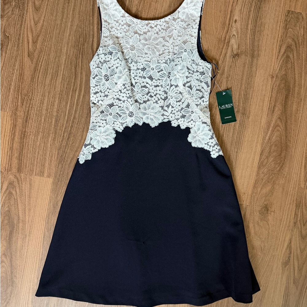 Lauren Ralph Lauren Navy & White Lace Fit-and-Flare Mini Dress